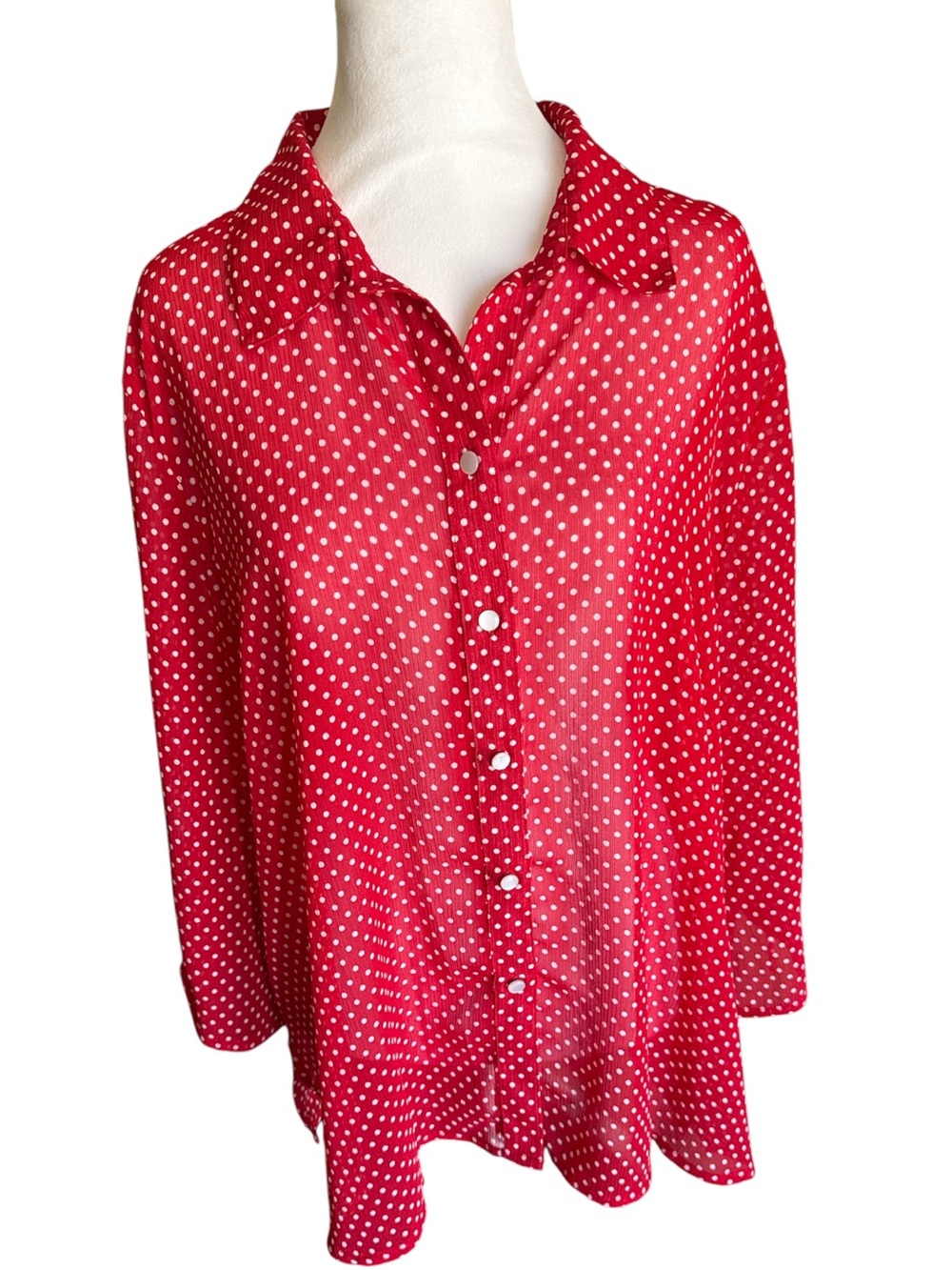 Vintage Women’s Semi Sheer Red Polka Dot Button-Up Chiffon Blouse 3/4 Sleeve
